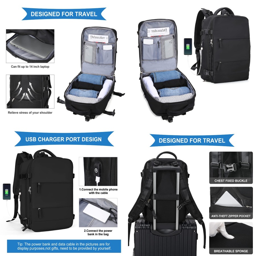 Women Bags For Laptop - 【New Arrival】Black Travel Backpack with USB