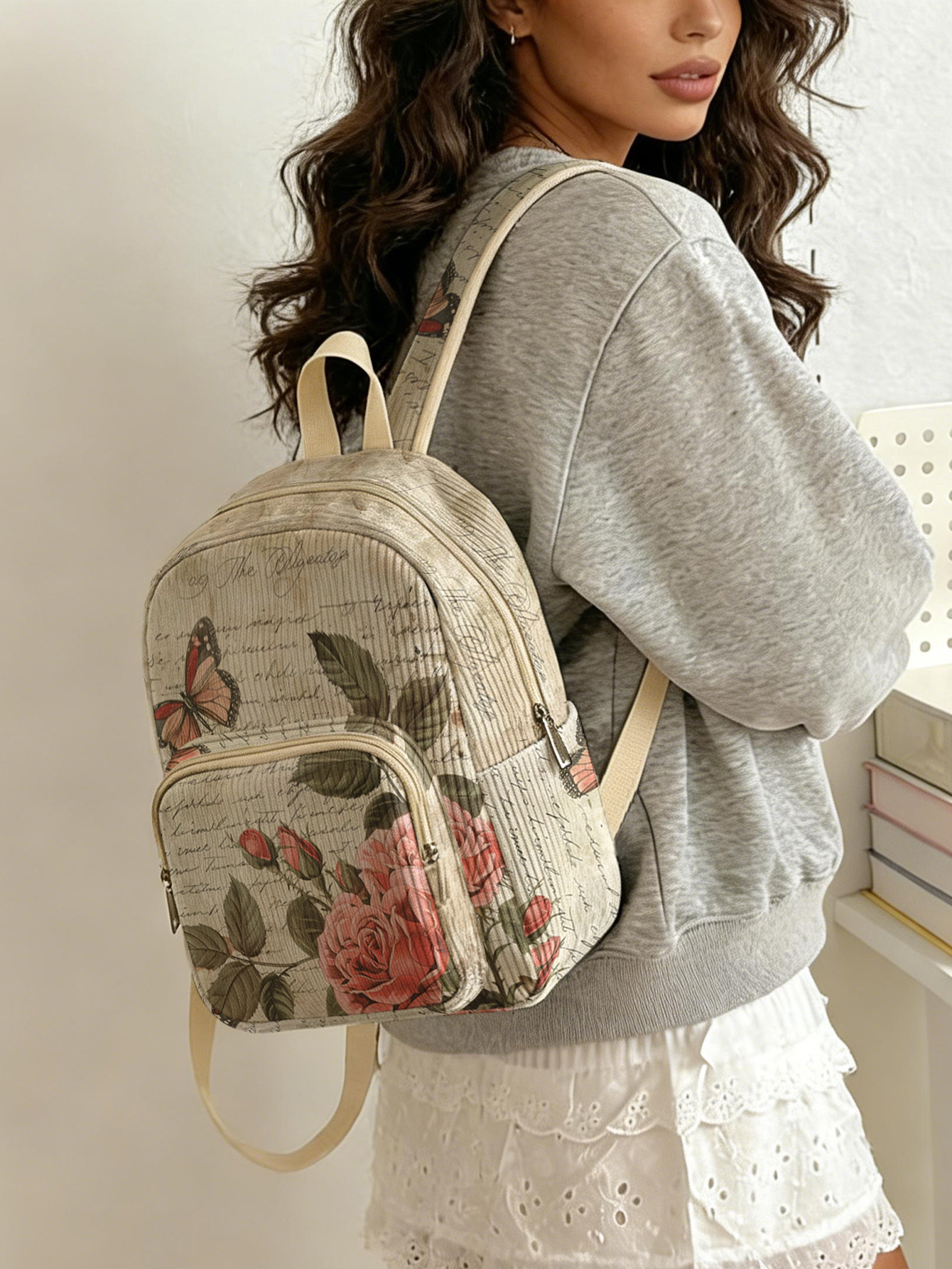 Women'S Vegan Bags - Vintage Roses & Butterfly Print Women